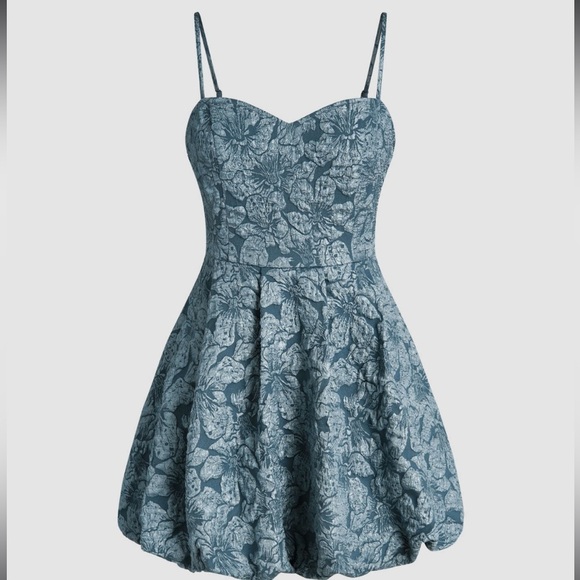New FLORAL JACQUARD SLEEVELESS MINI DRESS Size Medium on blue - Picture 1 of 11